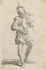 一个战士，肩负着一名工作人员，踩下一个低矮的窗台，c.1656-57（在纸上用干点蚀刻） 作者 救世主罗莎